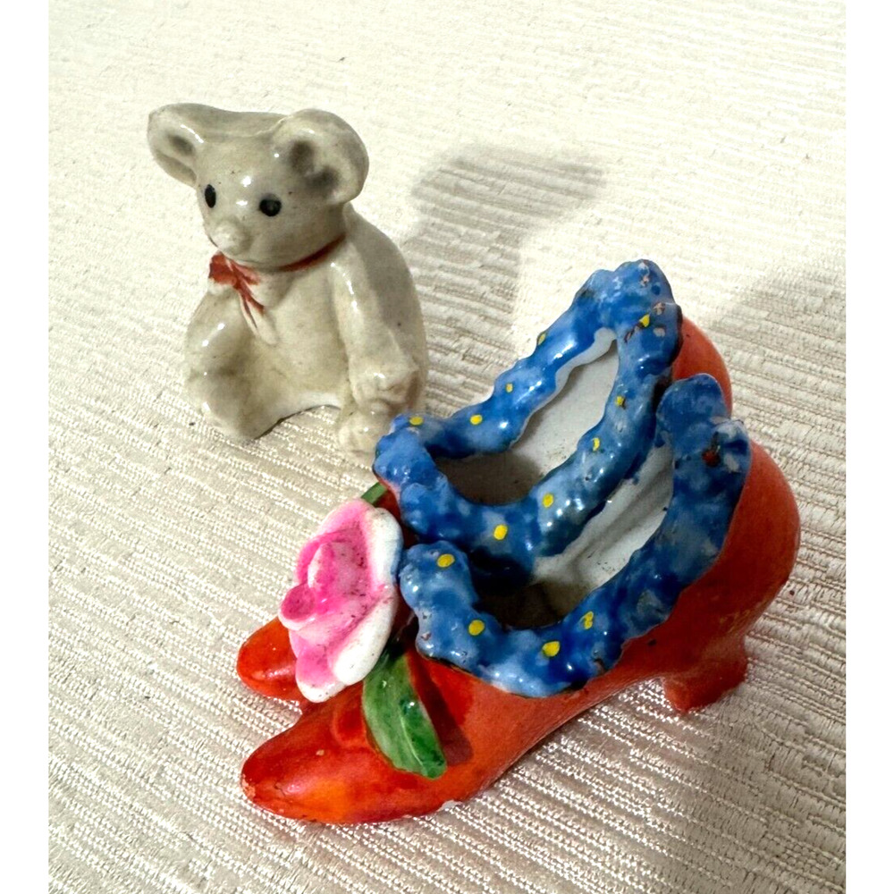 Vintage Porcelain Miniature Red Shoes & Koala Bear figurines Japan